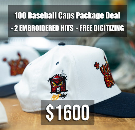 100 Baseball Caps w/ 2 Locations Package Deal